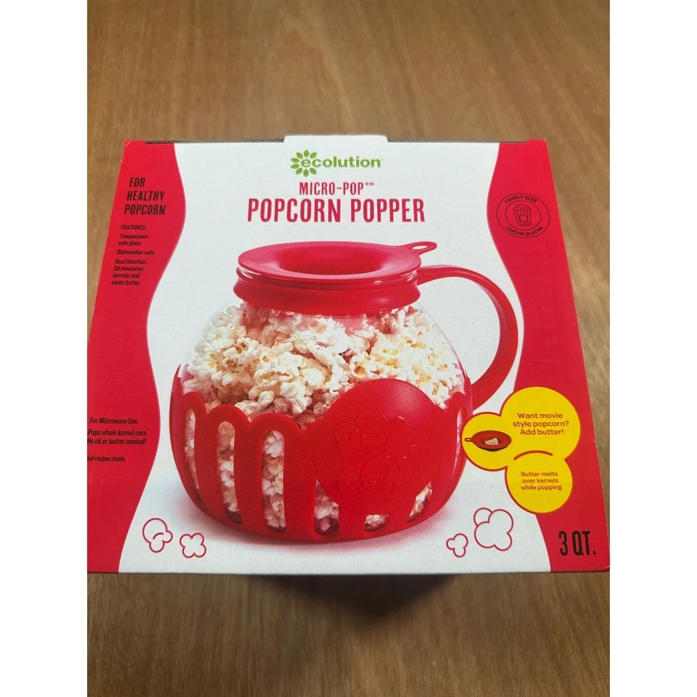 Ecolution Micro-Pop Popcorn Popper Family Size 3 QT Red Glass Microwave New